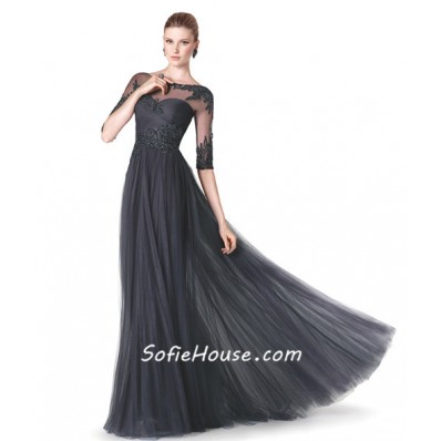 Formal Sheer Illusion Neckline Long Black Lace Beaded Evening Dress With Sleeves