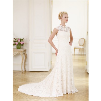 Formal Slim A Line High Neck Cap Sleeve Vintage Lace Wedding Dress With Bow