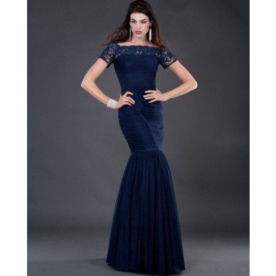 Formal modest mermaid long navy blue chiffon evening dress with lace sleeve