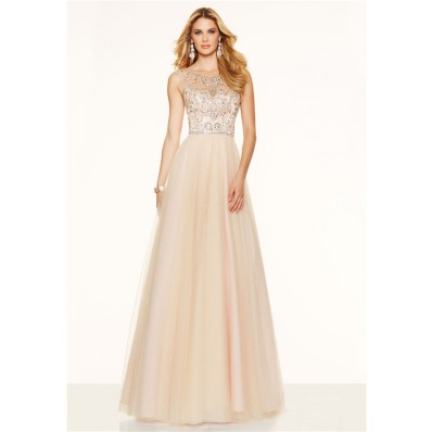 Gorgeous A Line Bateau Neck Open Back Long Champagne Tulle Beaded Prom Dress