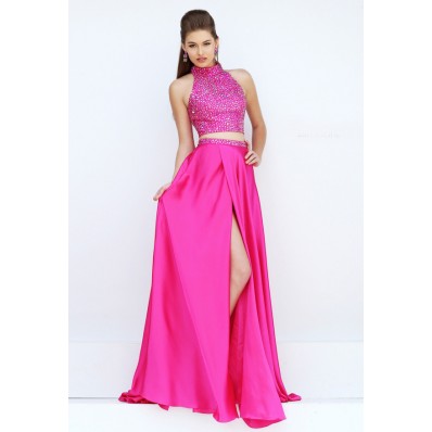 Gorgeous Halter High Slit Two Piece Long Hot Pink Satin Beaded Prom Dress