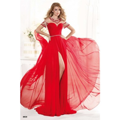 Gorgeous Jewel Neckline Sheer Back High Slit Red Chiffon Beaded Prom Dress
