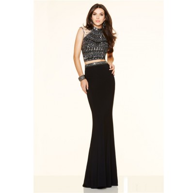 Gorgeous Mermaid High Neck Illusion Back Two Piece Black Beaded Prom Dress