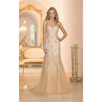 Gorgeous Mermaid Sweetheart Gold Colored Tulle Lace Beaded Wedding Dress