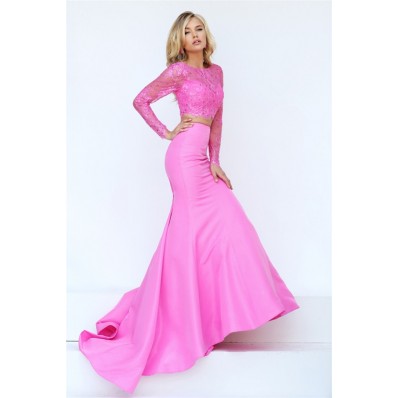 Gorgeous Mermaid Two Piece Pink Satin Lace Beaded Prom Dress With Long Sleeves