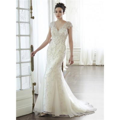 Gorgeous Mermaid V Neck Cap Sleeve Low Back Embroidery Tulle Beaded Wedding Dress