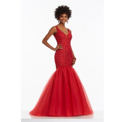 Gorgeous Mermaid V Neck Open Back Red Satin Tulle Beaded Prom Dress