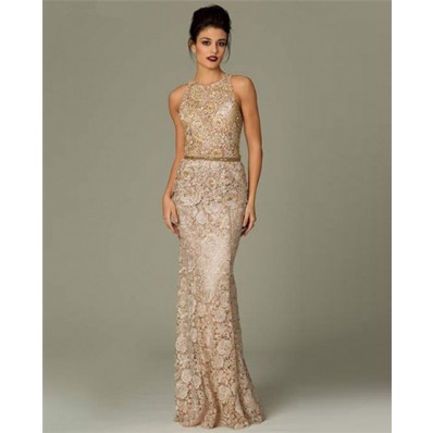 Gorgeous Sheath High Neck Long Champagne Venice Lace Beaded Occasion Evening Dress