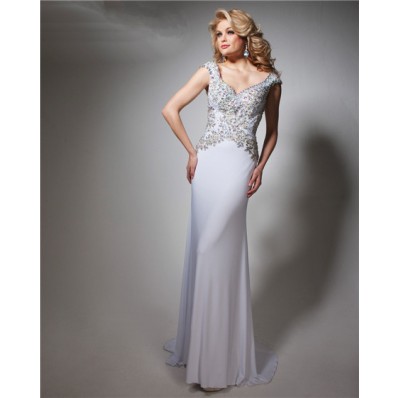Gorgeous Sheath V Neck Cap Sleeve Long White Chiffon Beaded Prom Dress Open Back