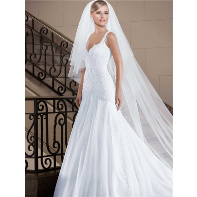 Gorgeous Trumpet V Neck Low Back Tulle Beaded Wedding Dress With Straps