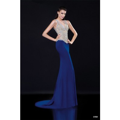 Gorgeous V Neck Sleeveless Illusion Back Royal Blue Satin Tulle Beaded Prom Dress