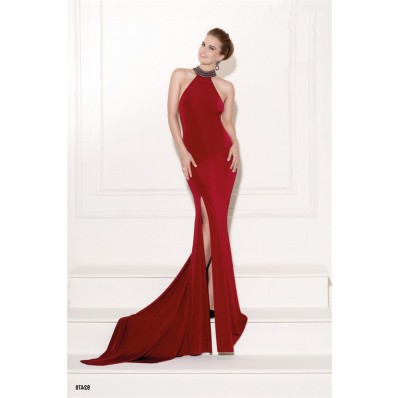 Halter High Slit Sheer Back Red Jersey Tulle Beaded  Evening Occasion Dress