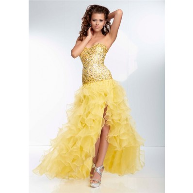 High Low Hem Sweetheart Neckline Lemon Yellow Organza Ruffle Beaded Prom Dress