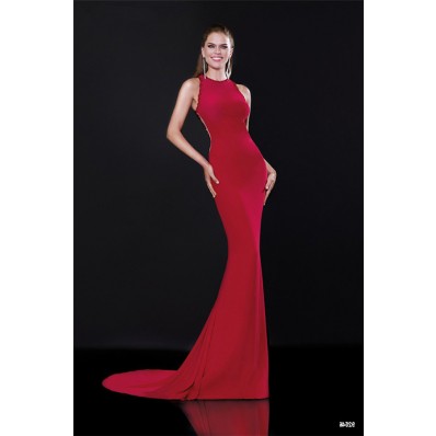 High Neck Sheer Back Red Jersey Lace Formal Occasion Evening Prom Dress