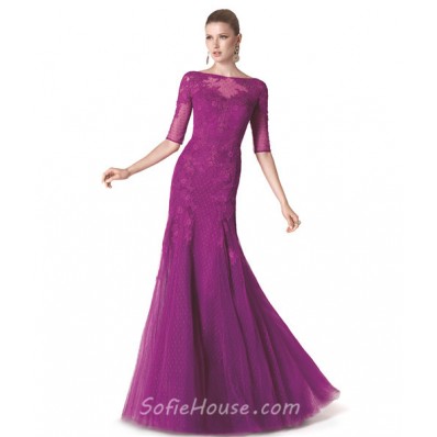 Mermaid Boat Neck Long Purple Tulle Lace Evening Prom Dress With Sleeves