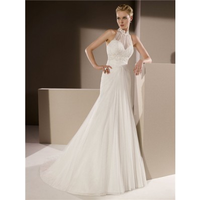 Mermaid High Neck Draped Tulle Lace Beaded Wedding Dress With Collar