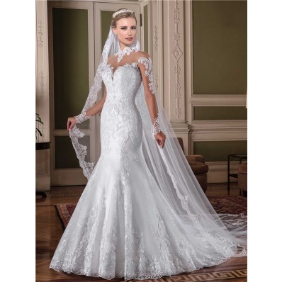 Mermaid High Neck Illusion Back Sheer Long Sleeve Tulle Lace Glitter Wedding Dress With Collar