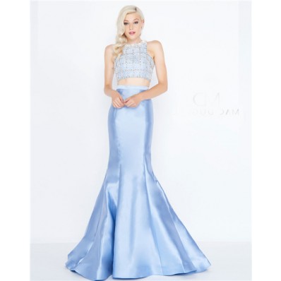 Mermaid High Neck Light Blue Satin Beaded Two Piece Evening Prom Dress