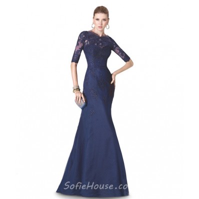 Mermaid High Neck Navy Blue Tulle Lace Long Formal Occasion Evening Dress With Sleeves