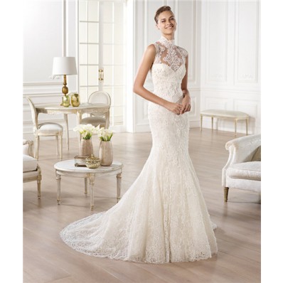 Mermaid High Neck See Through Sheer Back Lace Wedding Dress With Buttons