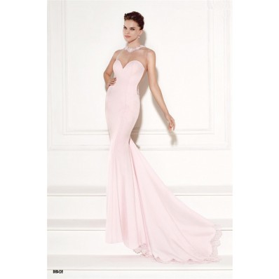 Mermaid Illusion Neckline Light Pink Satin Lace Evening Prom Dress With Bows