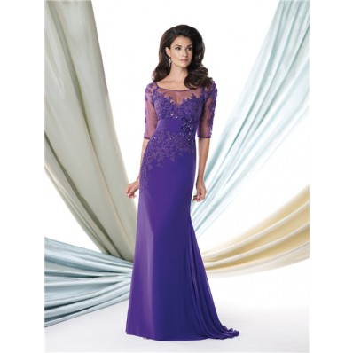 Mermaid Illusion Neckline Purple Chiffon Lace Beaded Mother Of The Bride Evening Dress