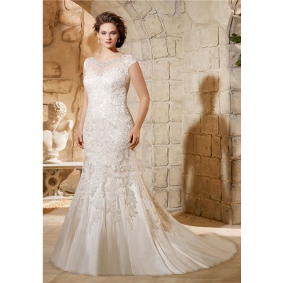 Mermaid Jewel Neckline Cap Sleeve Tulle Lace Plus Size Wedding Dress