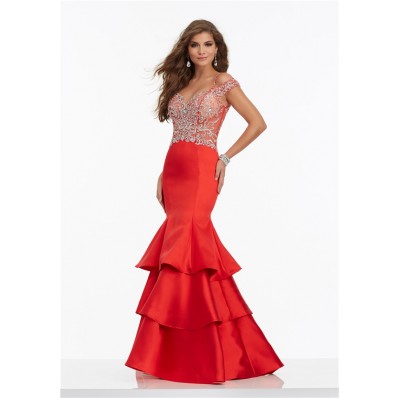 Mermaid Off The Shoulder Open Back Red Satin Rufffle Tiered Prom Dress