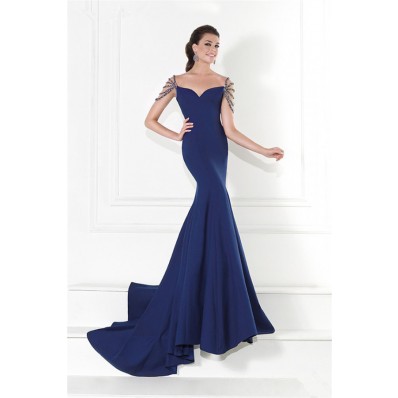 Mermaid Off The Shoulder Sweetheart Navy Blue Satin Evening Prom Dress With Straps