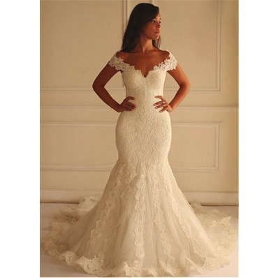 Mermaid Off The Shoulder Vintage Lace Wedding Dress With Chapel Train