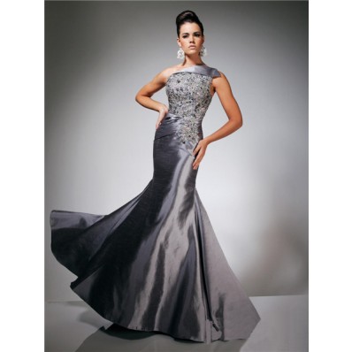 Mermaid One Shoulder Asymmetric Long Charcoal Grey Taffeta Beaded Evening Prom Dress