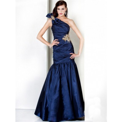 Mermaid One Shoulder Long Navy Blue Ruched Taffeta Evening Dress With Bow