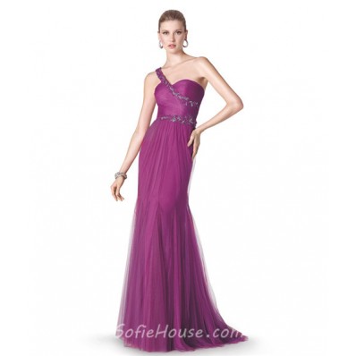 Mermaid One Shoulder Strap Long Purple Tulle Occasion Prom Dress