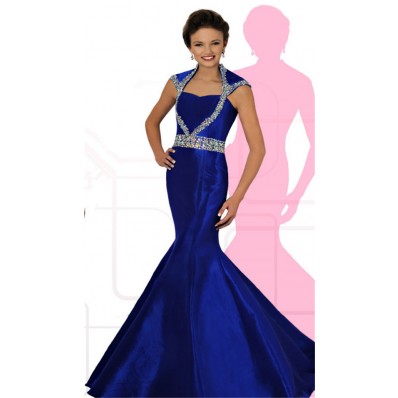 Mermaid Open Back Cap Sleeve Royal Blue Taffeta Beaded Teen Prom Dress