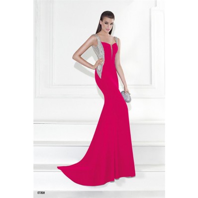 Mermaid Plunging Neckline Open Back Hot Pink Satin Beaded Prom Dress With Straps