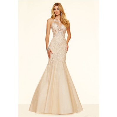 Mermaid See Through Champagne Tulle Lace Beaded Prom Dress