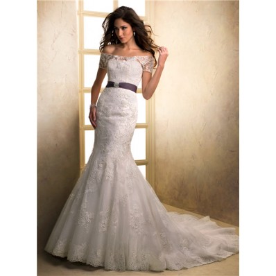 Mermaid Strapless Lace Wedding Dress With Off The Shoulder Jacket Purple Sash
