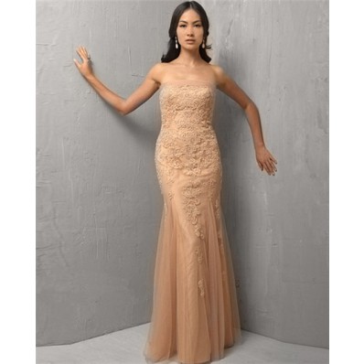 Mermaid Strapless Long Champagne Tulle Lace Evening Wear Dress