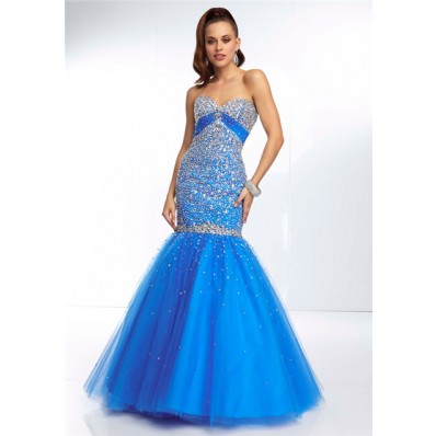Mermaid Sweetheart Empire Waist Open Back Long Blue Tulle Beaded Prom Dress