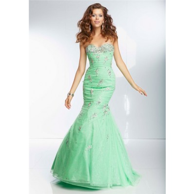 Mermaid Sweetheart Long Green Organza Glitter Beaded Prom Dress Corset Back