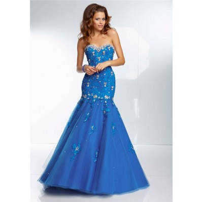 Mermaid Sweetheart Long Royal Blue Tulle Lace Beaded Prom Dress Corset Back