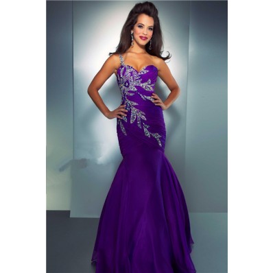 Mermaid Sweetheart One Strap Purple Organza Beaded Prom Dress With Ruching