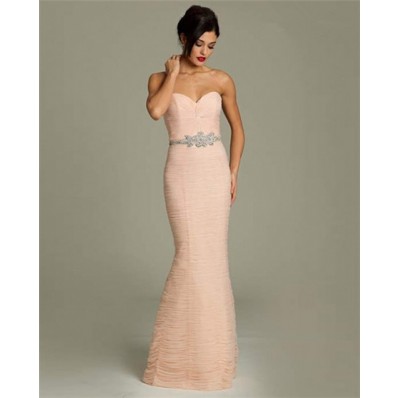 Mermaid Sweetheart Peach Tulle Ruched Evening Dress With Rhinestones Belt