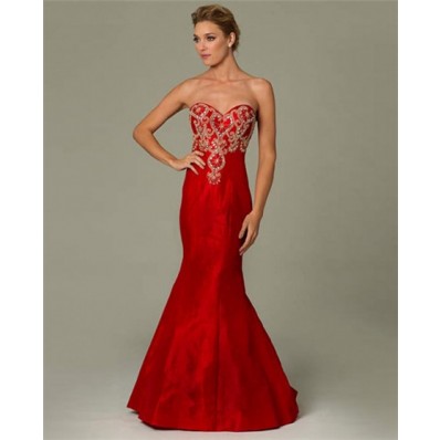 Mermaid Sweetheart Red Taffeta Gold Embroidered Occasion Evening Dress