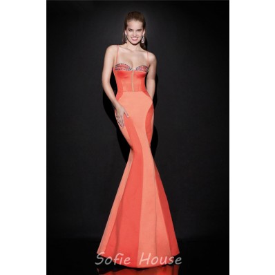 Mermaid Sweetheart Spaghetti Strap Open Back Coral Satin Evening Prom Dress With Bow