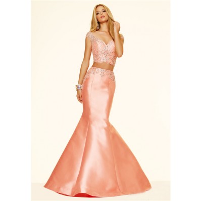 Mermaid Two Piece Cap Sleeve Light Coral Taffeta Beaded Evening Prom Dress