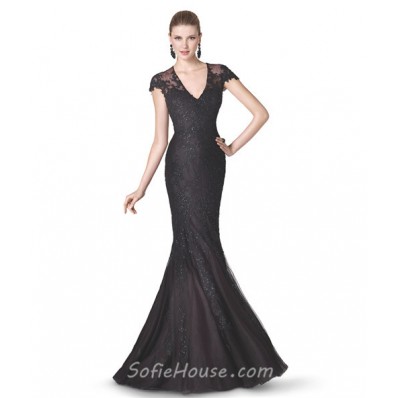 Mermaid V Neck Cap Sleeve Black Tulle Lace Beaded Long Evening Prom Dress