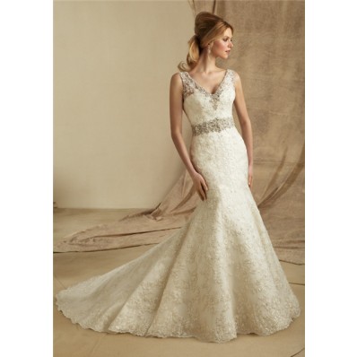 Mermaid V Neck Sheer Straps Lace Beaded Wedding Dress With Buttons