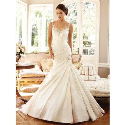 Mermaid V Neck Straps Sheer Back Taffeta Ruched Wedding Dress With Embroidery Crystal