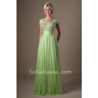 Modest A Line Cap Sleeve Light Green Chiffon Beaded Long Prom Dress